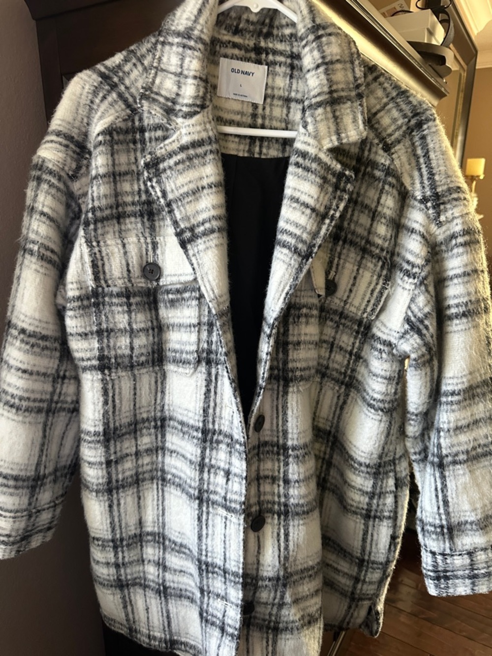 Old Navy Black & White Plaid Pea Coat